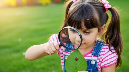 Girl examining a ladybug on a leaf with a magnifying glass