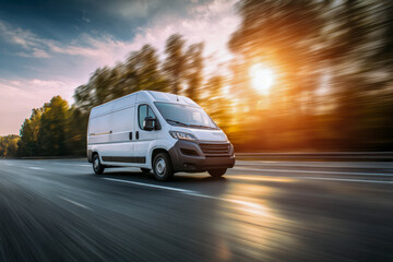 Obraz premium White cargo van driving fast on a highway with motion blur during sunset surrounded by autumn trees and a colorful sky background