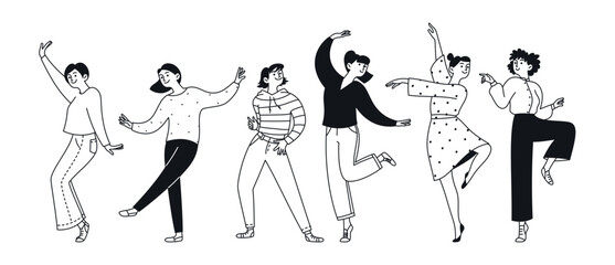 Set of doodle people, dancing women. A collection of happy jumping men performing dance moves. Outline, thin line. Vector linear illustration