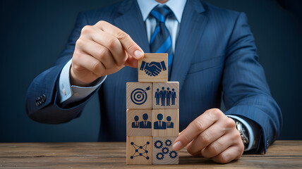Businessman building business strategy foundation with wooden blocks for partnership and team success