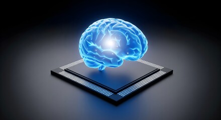 Artificial intelligence concept: Blue glowing digital brain model placed on a black microchip against a dark background, representing computing power and data processing.