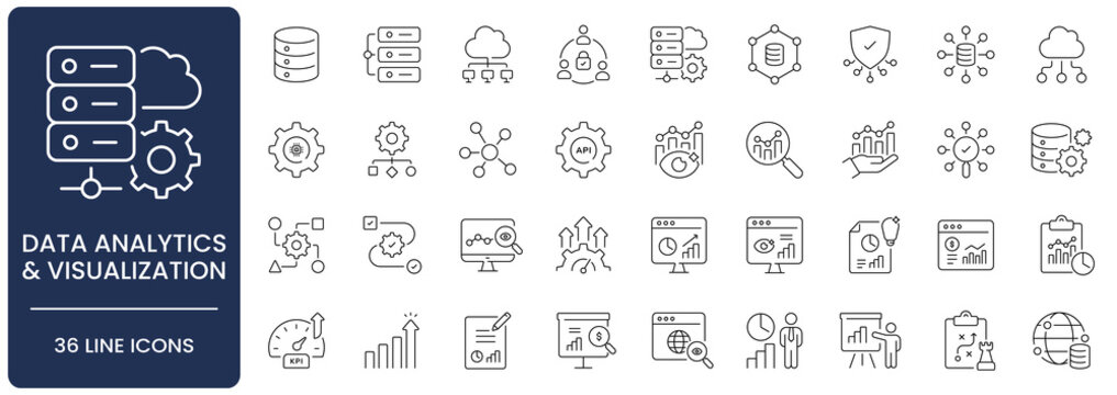 Data Analytics and Visualization Icon Set with Editable Stroke. Collection of big data, analysis, chart, graph, database, dashboard, report, machine learning, cloud server, and business statistics.
