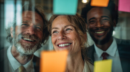 Diverse group of business professionals smiling and collaborating enthusiastically in a creative meeting surrounded by colorful sticky notes on glass wall