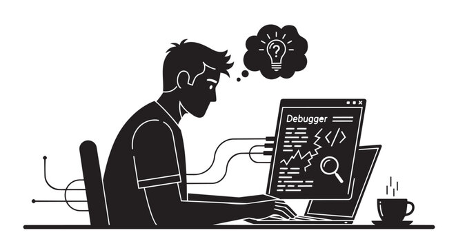 A software developer actively debugging code on a laptop, contemplating a solution