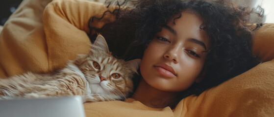 The girl gently hugs a fluffy kitten, creating a warm and cosy atmosphere that would be perfect as the main background for an advertisement promoting home comfort.