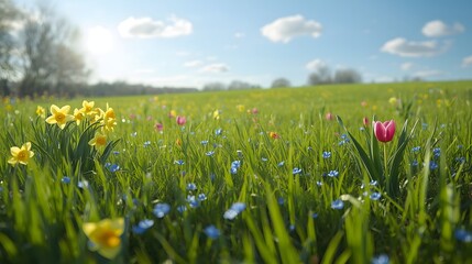 Spring countryside landscape, fresh green grass, colorful wildflowers, clear sky, natural sunlight, shallow depth of field