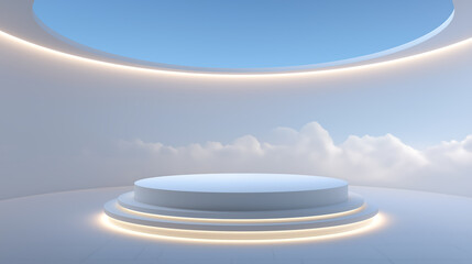 Cloud Dancer themed A serene and modern circular platform floats in the clouds under a bright blue sky Colour of the Year 2026