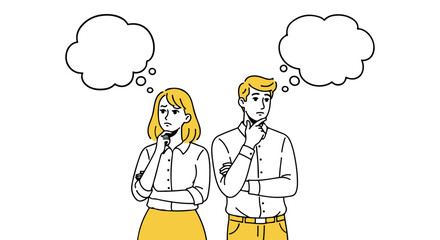 Obraz premium Young couple thinking deeply in casual setting with thought bubbles and plain background japanese style coming of age day concept
