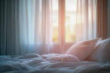 Soft morning sunlight streaming through sheer curtains onto a cozy unmade bed with fluffy pillows creating a peaceful and inviting bedroom atmosphere