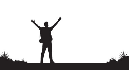 Male hiker silhouette with arms raised in victory, celebrating achievement on a white background