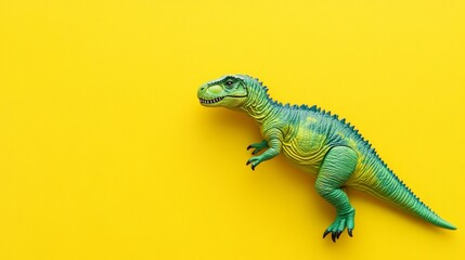 A bright green toy dinosaur on a yellow background emphasises playfulness and joy, serving as a cheerful backdrop for children's posters or educational materials.