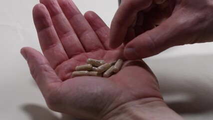 Close-up person pouring capsules bottle hand; taking medicine supplements pills healthcare treatment medical dose. Pharmaceutical nutraceuticals vitamin daily routine therapy health wellness. - Powered by Adobe