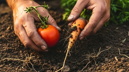 Farmer hands harvesting organic vegetables from rich soil, close-up macro view of hands and vegetables (tomatoes, carrots), morning light on hands, dirt and roots visible, sustainable agriculture, pho