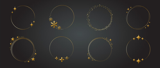 Elegant golden circle shaped frames with decorative elements on dark background. Circle wreath with sparkles, stars, flowers, glitter. Festive elements. New year,birthday,wedding decorations. Vector 