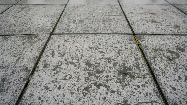Low angle close view of gray concrete pavement tiles with dark joints and a rough spotted surface