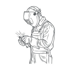 A skilled welder focuses on his work while wearing protective gear. Vector black icon