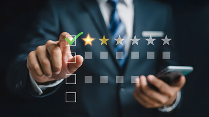 Customer Feedback and Quality Service Rating with Five Star Review Selection on Digital Checklist Interface