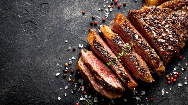 Juicy medium-rare grilled beef steak sliced on dark stone background with sea salt and colorful pepper, showcasing culinary artistry and gourmet cooking technique
