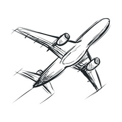 Airplane flying over a modern city skyline. Vector black icon