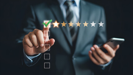 Providing High Quality Customer Service Rating with Star Review and Digital Checklist Verification on Tablet