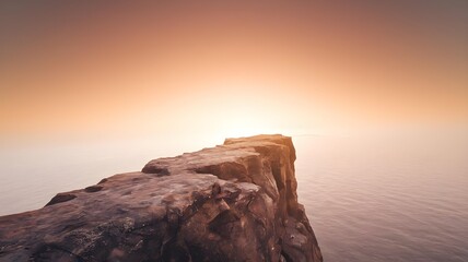 Breathtaking view from a rugged cliff edge overlooking the vast ocean during a beautiful sunset, with a warm orange sky