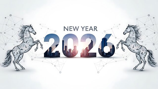 Horse jumping to 2026. 2026 New Year concept. New year's card 2026