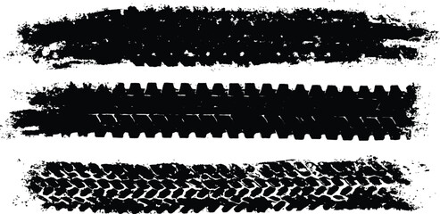 Collection of diverse black tire tracks footprints and marks isolated on a white background. Clean tire print with Overlay and transparent look. Great for car, vector, seamless, tire, track designs. © Artful