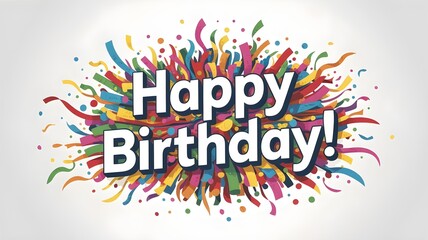 Vibrant happy birthday text surrounded by a burst of colorful confetti and abstract shapes, ideal for festive occasions and joyful celebrations