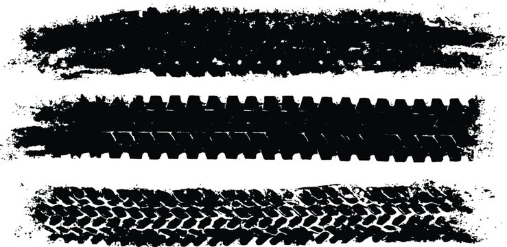 Collection of diverse black tire tracks footprints and marks isolated on a white background. Clean tire print with Overlay and transparent look. Great for car, vector, seamless, tire, track designs.
