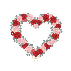 Obraz premium Heart-Shaped Floral Wreath with Roses and Eucalyptus on Transparent Background, Elegant Romantic Vector Design 