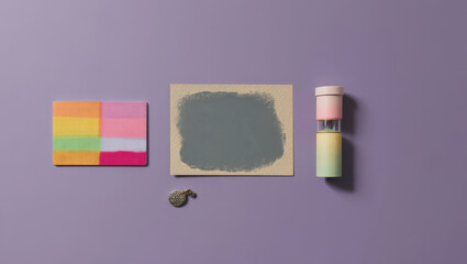 Artistic Still Life Composition Featuring Colorful Blocks, a Painted Card, and an Hourglass on a Purple Surface, Ideal for Creative Projects and Design Inspiration