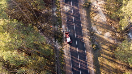 clearing the roadside of bushes and trees along the road top view