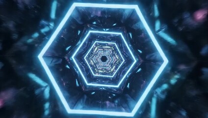 A futuristic hexagonal tunnel with glowing neon lights and abstract shapes viewed from the center - Powered by Adobe