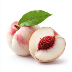 A crisp, high-resolution studio shot of a perfectly ripe, whole white peach with a fresh green leaf attached, positioned alongside a neatly sliced half of another white peach.  