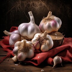 Garlic cloves on rustic table, Fresh peeled garlic and  bulbs.