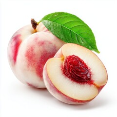 A crisp, high-resolution studio shot of a perfectly ripe, whole white peach with a fresh green leaf attached, positioned alongside a neatly sliced half of another white peach.  