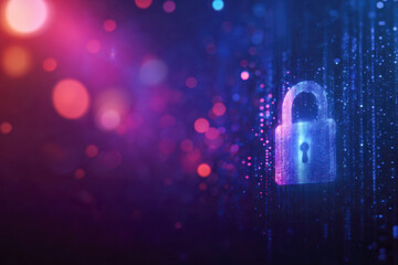 Digital security concept featuring a glowing padlock icon surrounded by vibrant particles and light effects on a dark blue and purple blurred background