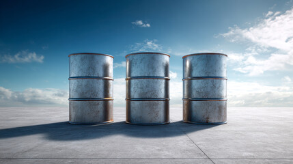 Three weathered metal barrels casting long shadows on a concrete surface under a bright blue sky filled with scattered clouds during daylight hours