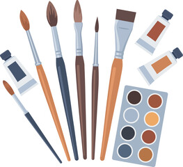 An assortment of paintbrushes watercolor paints and tubes illustrating artistic tools for creative expression