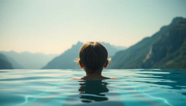 girl in infinity pool in front of mountains, close-up. White tone