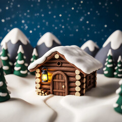 Wooden hut in snowy mountains in the early evening with a lantern on the door and stars in the sky
