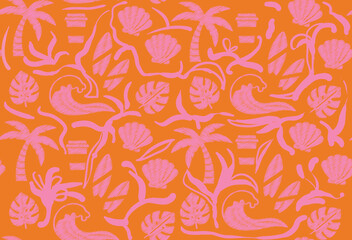 women's textile fashion print design for summer sea beach vibes. tropical seamless pattern. shell palm tree leaves print design.