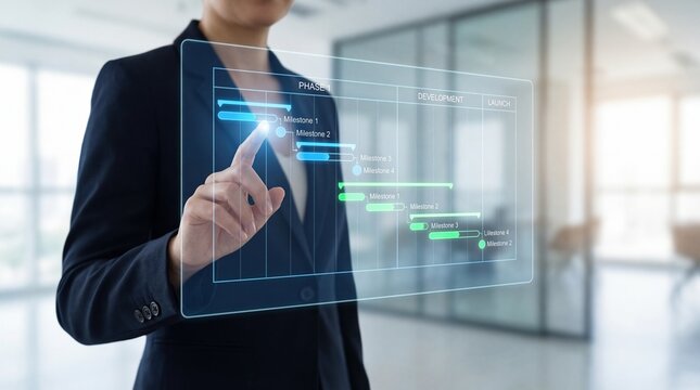 Business professional interacting with futuristic digital interface in modern office - Powered by Adobe