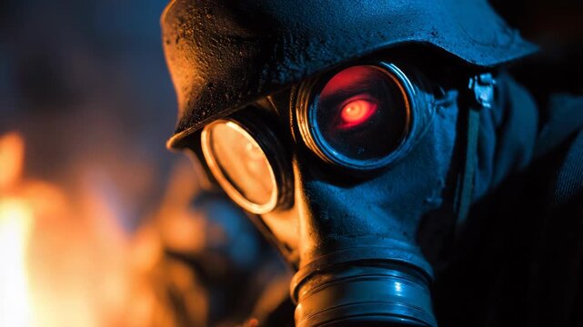 Intense glowing eyes in a gas mask amidst fiery background