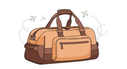 Stylish tan and brown travel duffel bag with a front pocket and handles is surrounded by small plane icons.