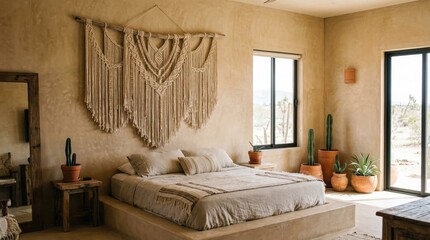 traditional macrame wall art hanging in a boho style bedroom with mexican chukum concrete walls
