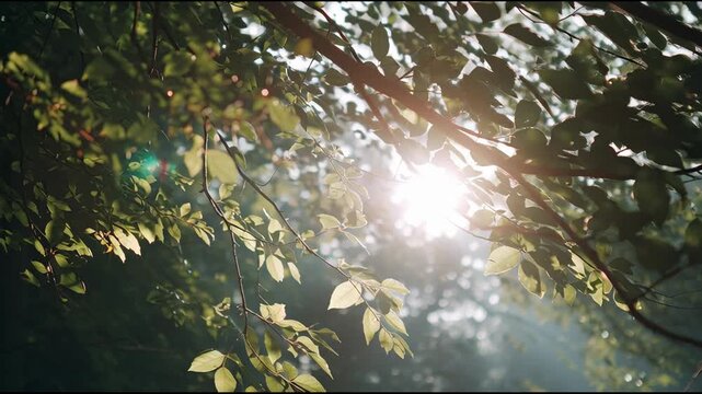 Sunlight filtering through leaves on trees in a serene forest landscape
