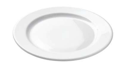 An empty round white porcelain plate sits isolated on a clean white background as a single ceramic dishware object perfect for a restaurant dinner or a healthy breakfast meal