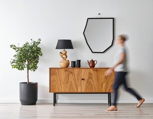 Modern minimalist interior with a wooden chest of drawers, topped with a lamp. An irregular mirror hangs above. A planter sits nearby. A blurred figure in motion adds dynamic contrast to the serene.