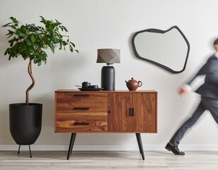 Modern minimalist interior with a wooden chest of drawers, topped with a lamp. An irregular mirror hangs above. A planter sits nearby. A blurred figure in motion adds dynamic contrast to the serene.